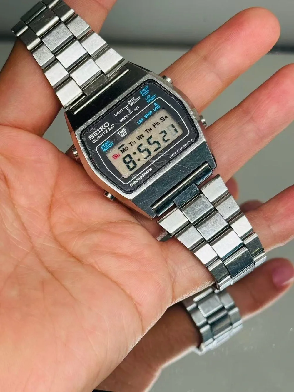 Vintage Seiko Men Quartz LC Digital Chronograph Watch 38mm New Battery Runs